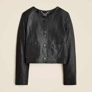 J. Crew Collection Black Leather collarless Cropped Button Jacket size Small New